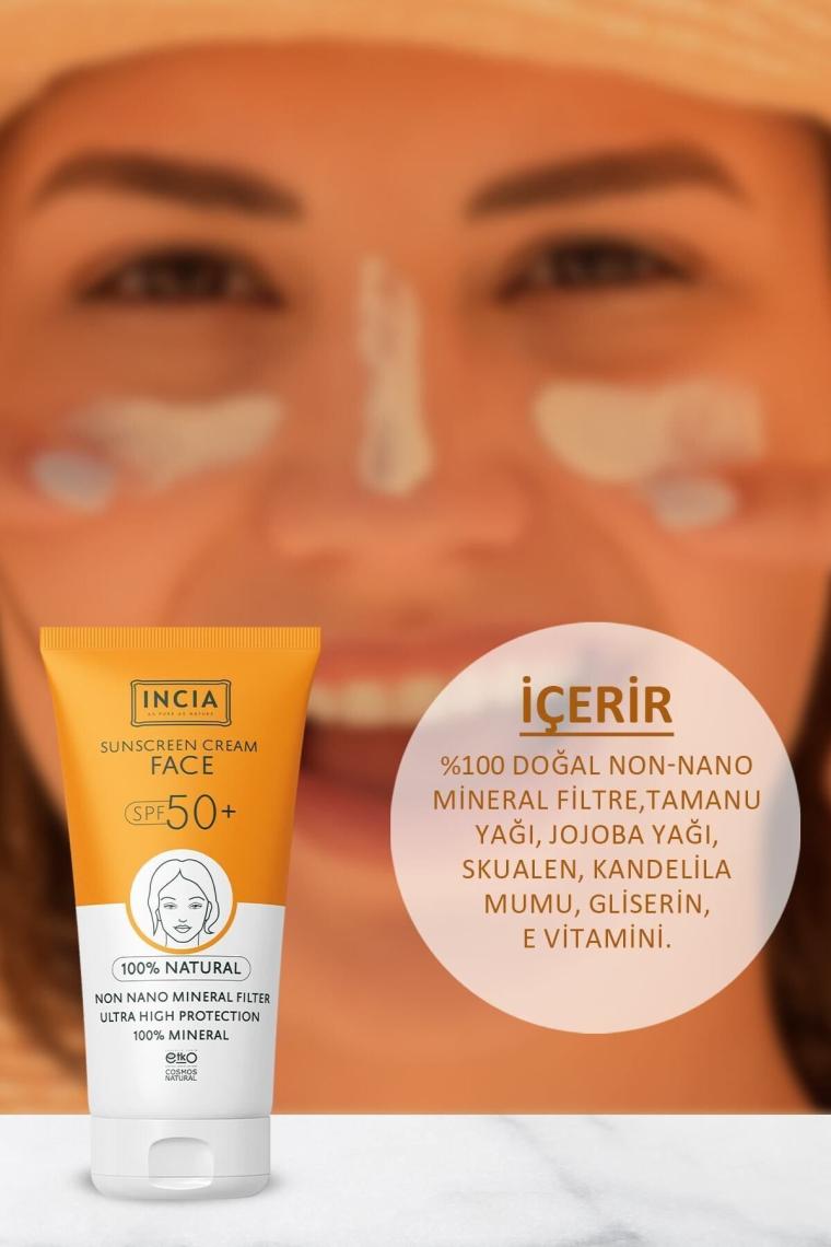 %100 Doğal Yüz Güneş Kremi Leke Karşıtı Mineral Filtreli Yüksek Koruma SPF50 UVA UVB 50 ml