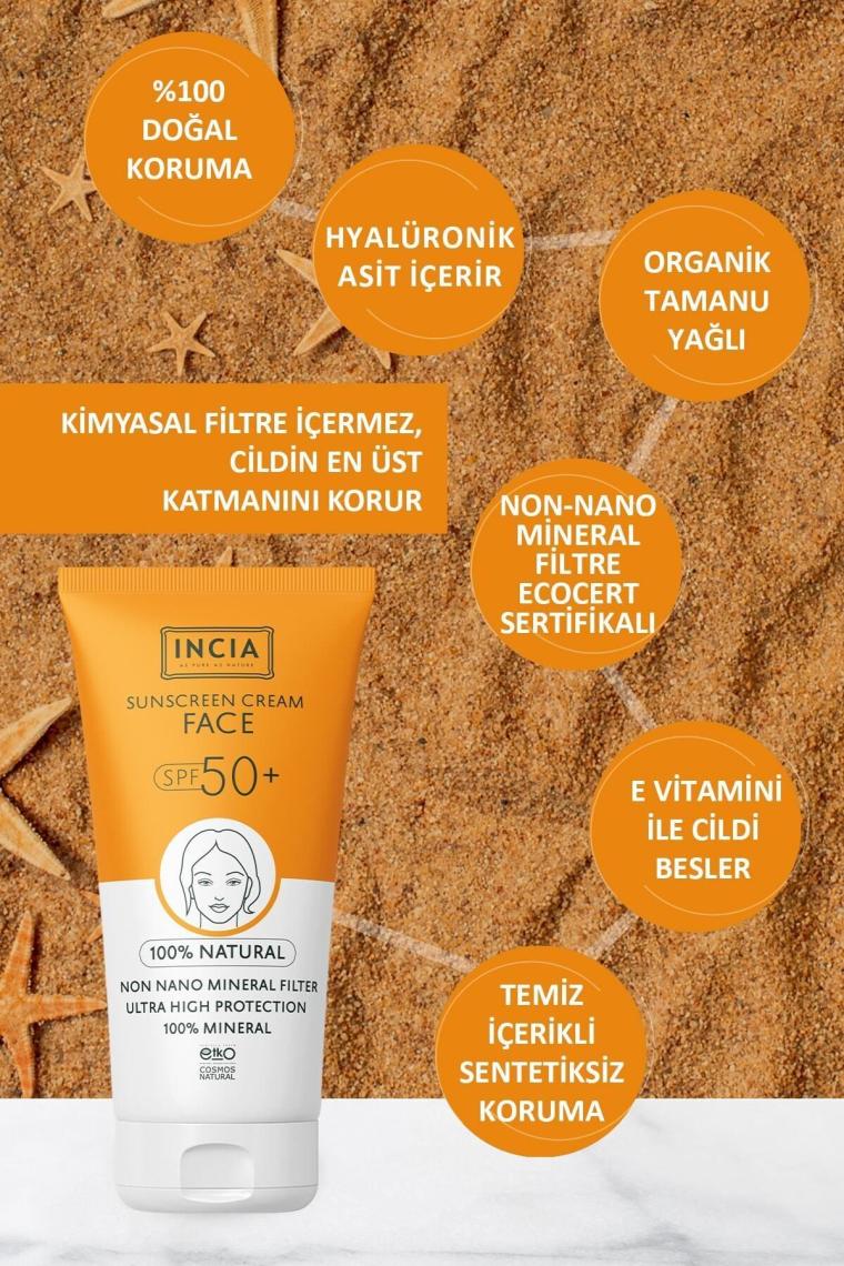 %100 Doğal Yüz Güneş Kremi Leke Karşıtı Mineral Filtreli Yüksek Koruma SPF50 UVA UVB 50 ml