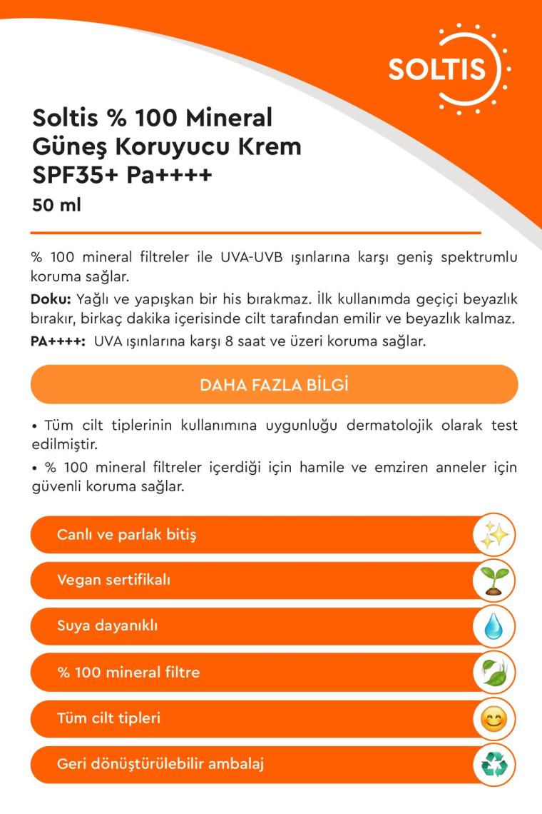 % 100 Mineral Güneş Koruyucu Krem Spf 35 Pa , 50 ml