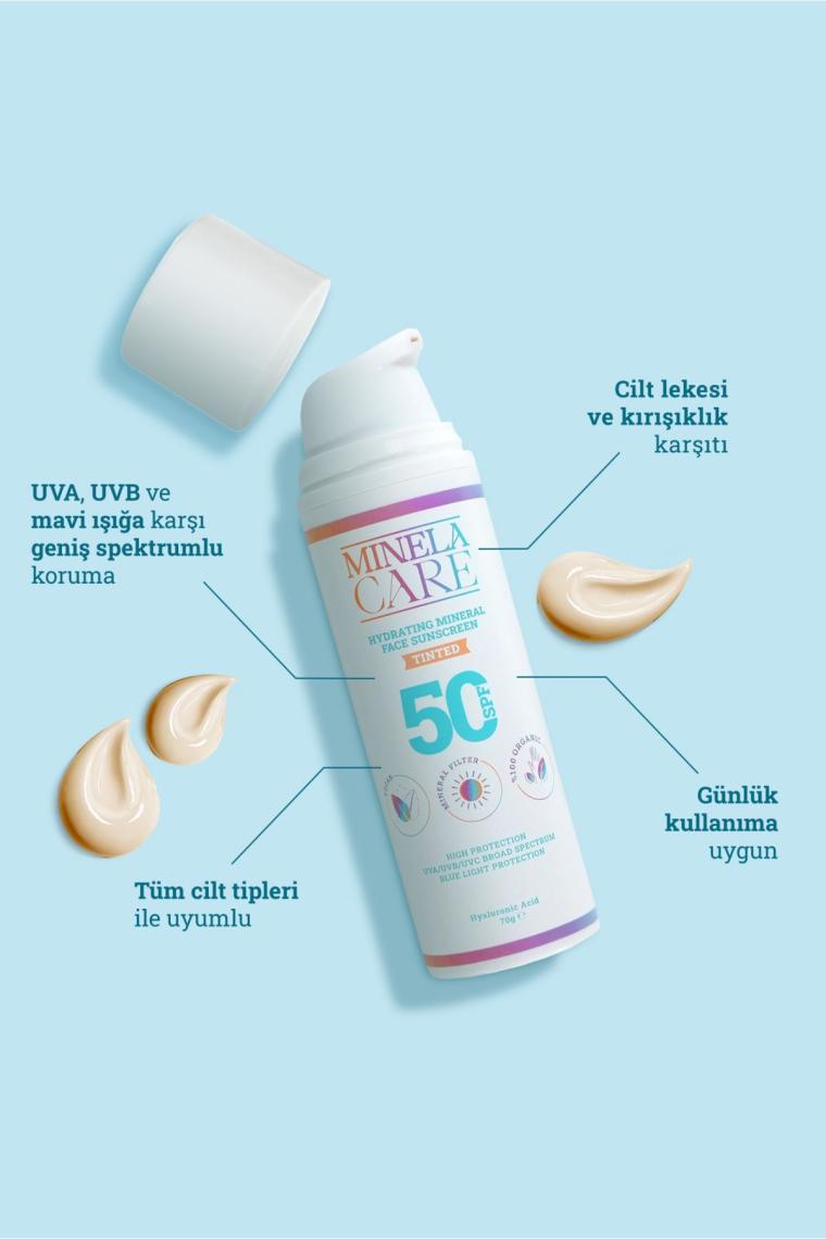 Hyalüronik Asitli Organik Mineral Filtreli Renkli Cilt Tonu Eşitleyici Yüz Güneş Kremi Spf 50 70gr