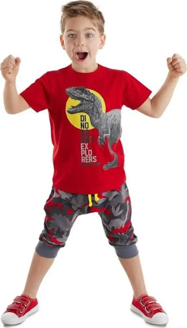 Denokids Dino Kamuflaj Erkek Çocuk T-shirt Kapri Şort Takım