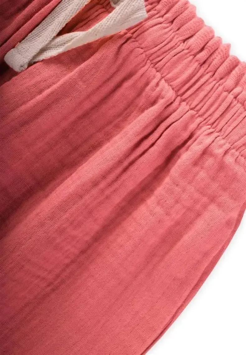 Organic Beli Fırfırlı Geniş Kesim Müslin Pantolon 1-8 Yaş Mercan
