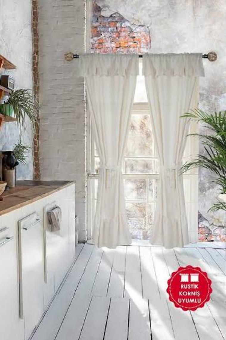 Cotton Maison Naturel Fırfırlı Perde Farbalı Vintage Çift Kanat Krem 80X170 cm