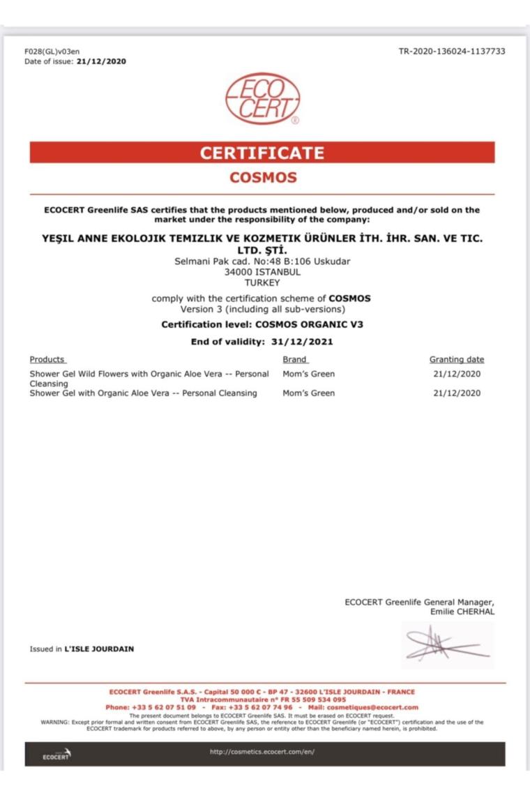 Organik Sertifikalı Duş Jeli Organik Aloeveralı 400 ml