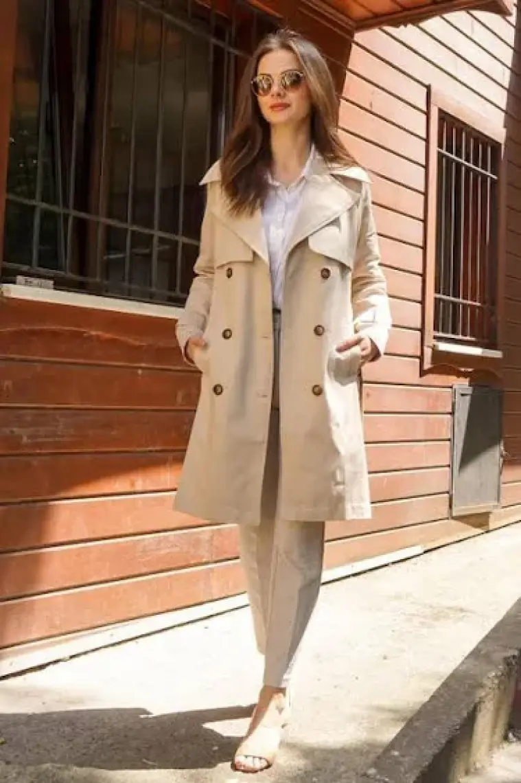 Pastelastore  Pamuk Gabardin Midi (95CM) Astarlı Kemerli Kadın Trençkot 1113