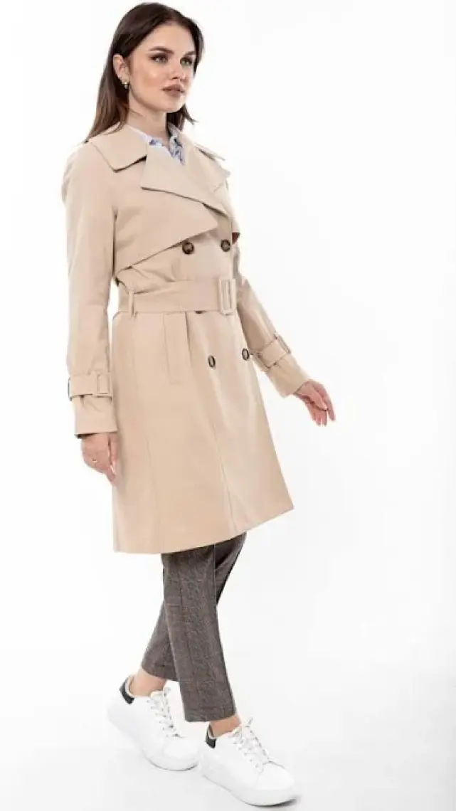 Pastelastore  Pamuk Gabardin Midi (95CM) Astarlı Kemerli Kadın Trençkot 1113