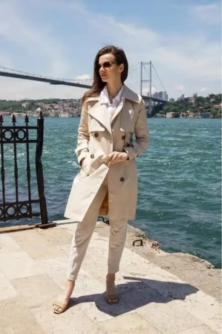 Pastelastore  Pamuk Gabardin Midi (95CM) Astarlı Kemerli Kadın Trençkot 1113