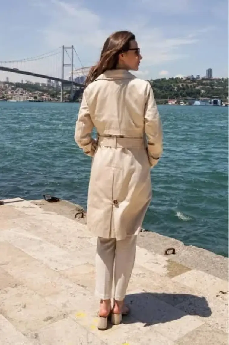 Pastelastore  Pamuk Gabardin Midi (95CM) Astarlı Kemerli Kadın Trençkot 1113