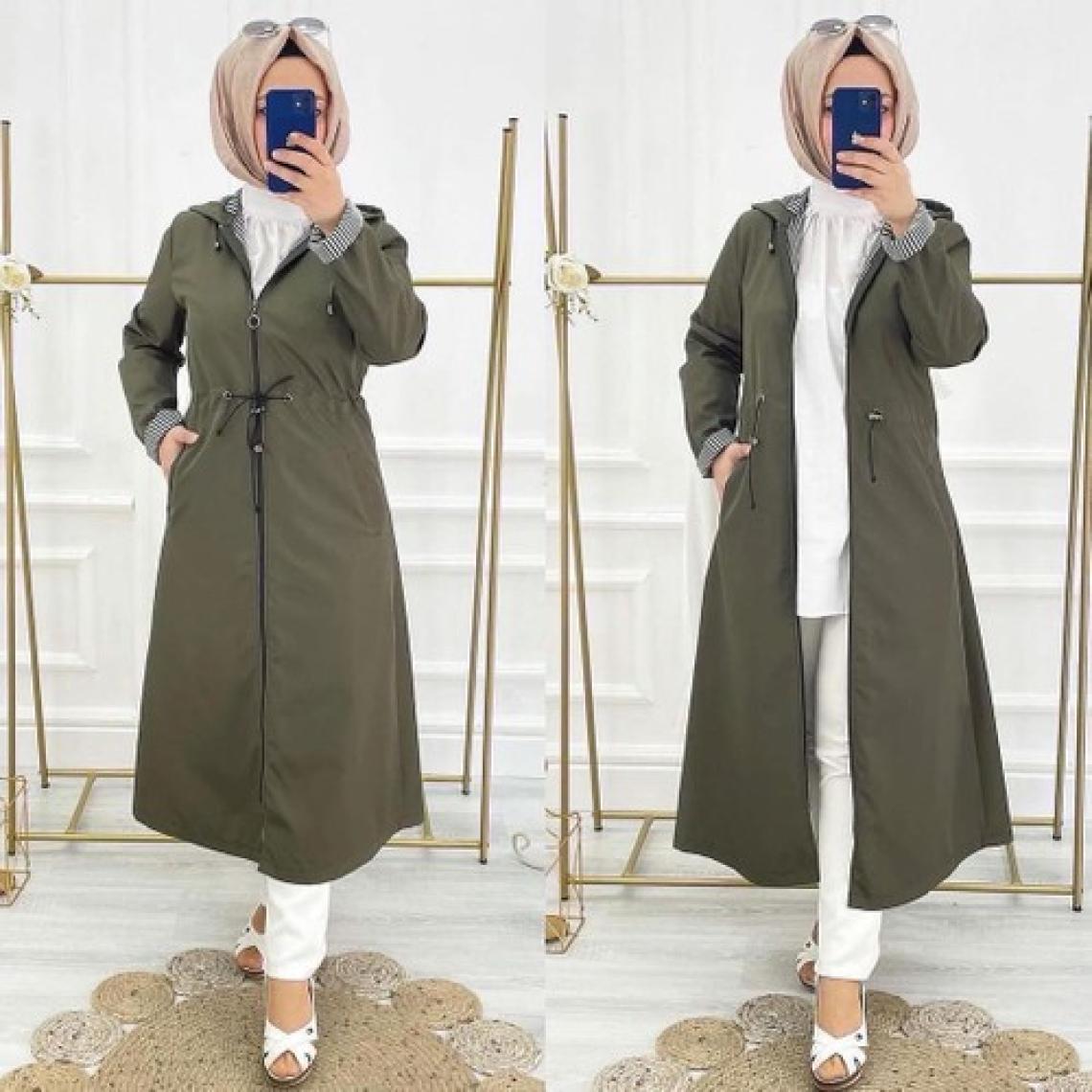 Vibeys Collection Haki Içi Çizgili ve Kendinden Astarlı Su Geçirmez Kadın Trençkot