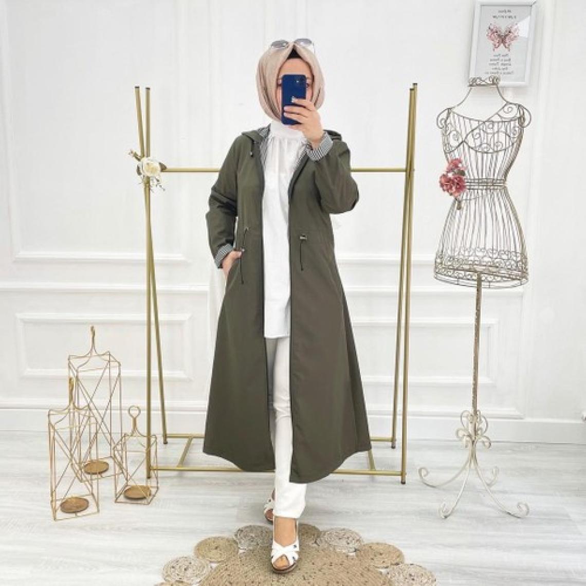 Vibeys Collection Haki Içi Çizgili ve Kendinden Astarlı Su Geçirmez Kadın Trençkot