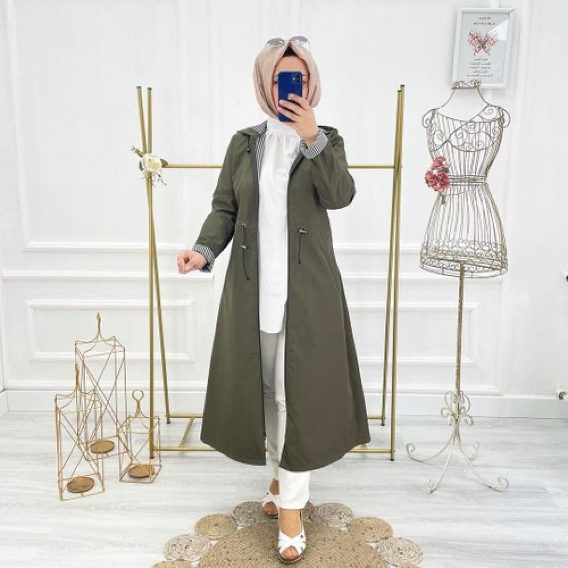 Vibeys Collection Haki Içi Çizgili ve Kendinden Astarlı Su Geçirmez Kadın Trençkot
