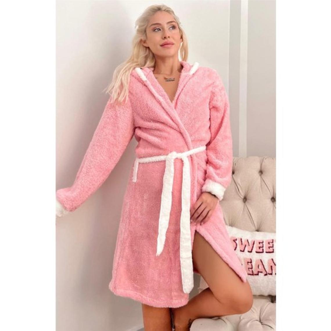 Pijama Evi Somon Love Desenli Kapşonlu Peluş Kadın Sabahlık