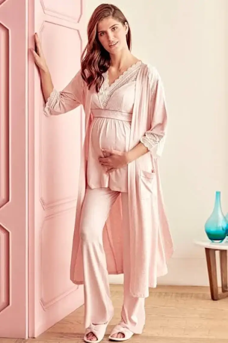 Anıl 9603 Kadın Pijama Hamile Pamuklu Sabahlık Üst Pantolon 3'lü Takım