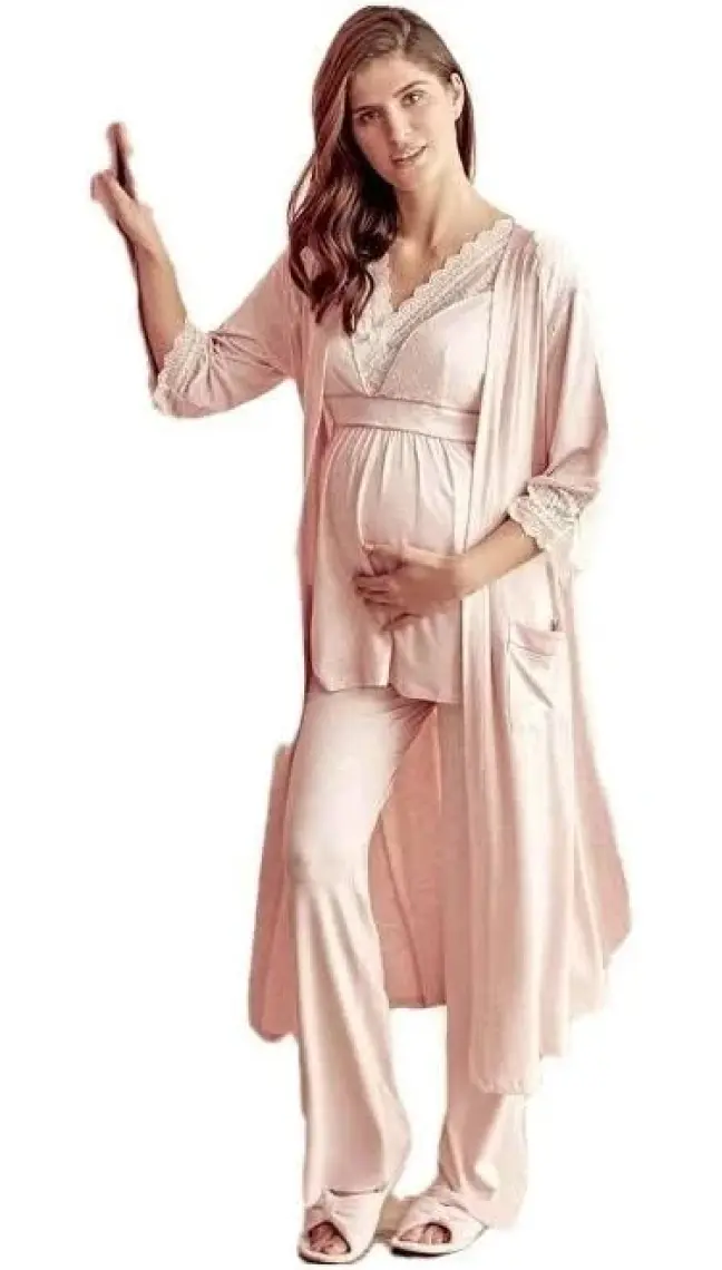 Anıl 9603 Kadın Pijama Hamile Pamuklu Sabahlık Üst Pantolon 3'lü Takım