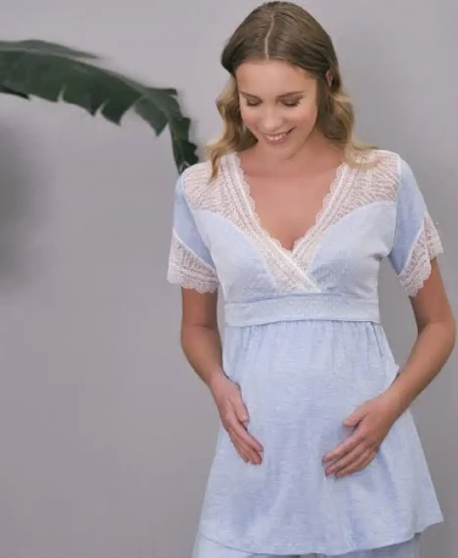 Anıl 9603 Kadın Pijama Hamile Pamuklu Sabahlık Üst Pantolon 3'lü Takım