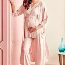 Anıl 9603 Kadın Pijama Hamile Pamuklu Sabahlık Üst Pantolon 3'lü Takım