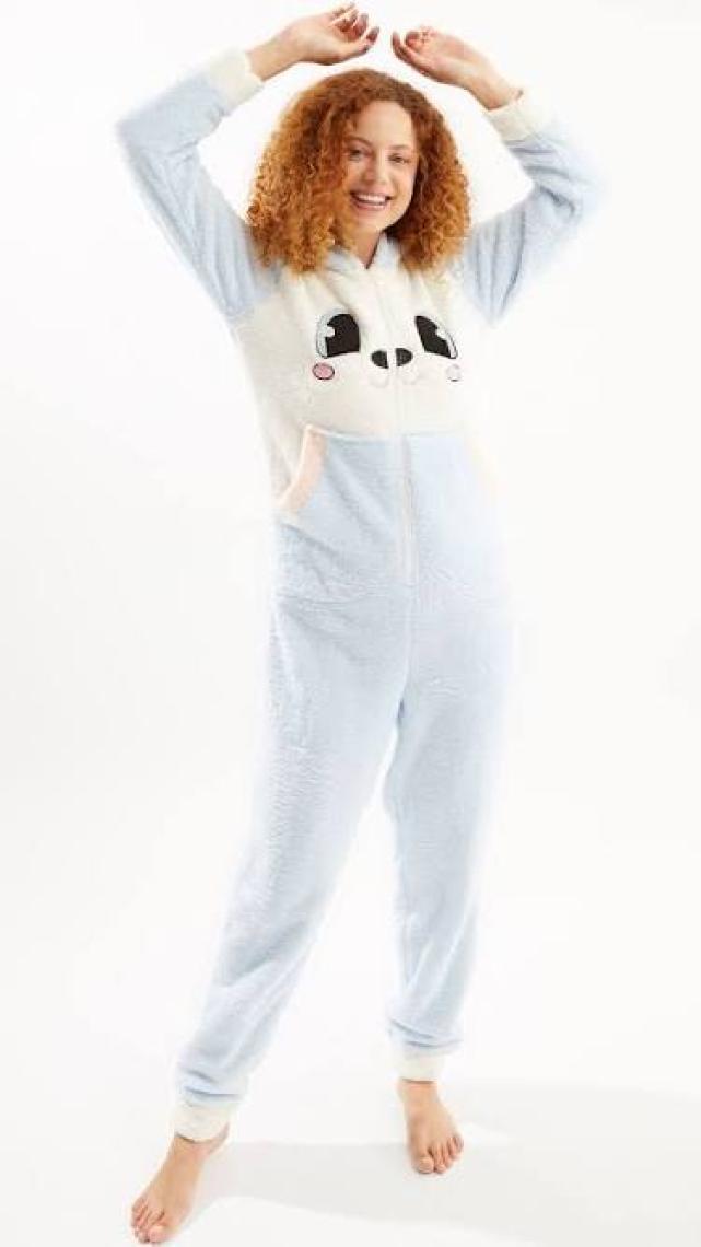 Ecrou Kadın Mavi Sevimli Tavşan Temalı Welsoft Kumaş Polar Tulum Pijama Takımı