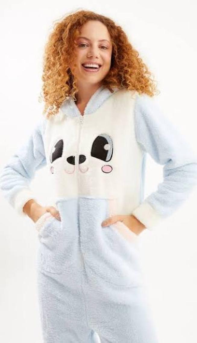 Ecrou Kadın Mavi Sevimli Tavşan Temalı Welsoft Kumaş Polar Tulum Pijama Takımı