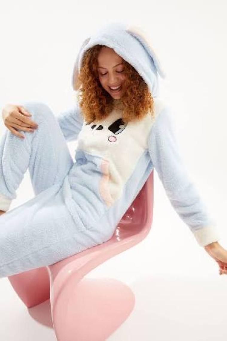 Ecrou Kadın Mavi Sevimli Tavşan Temalı Welsoft Kumaş Polar Tulum Pijama Takımı