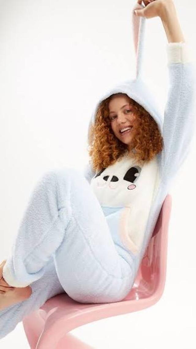 Ecrou Kadın Mavi Sevimli Tavşan Temalı Welsoft Kumaş Polar Tulum Pijama Takımı