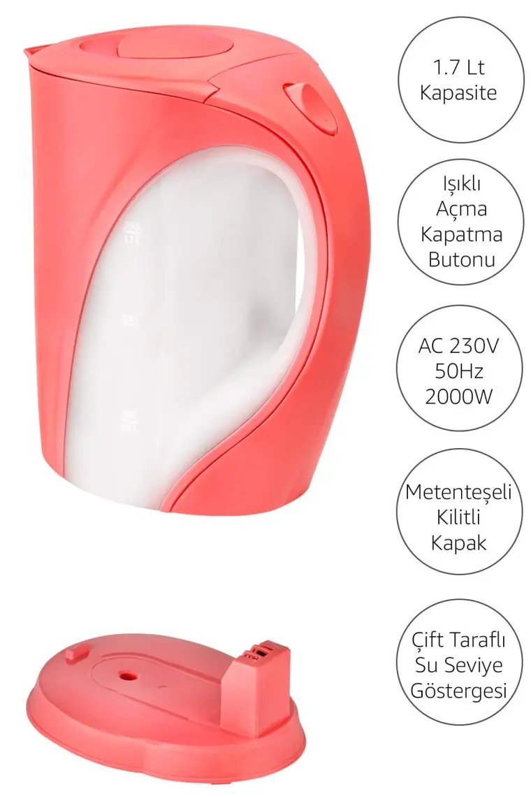 Awox Mercan 1,7 Lt Su Isıtıcı - Plastik Gövde, Şeffaf Su Göstergesi, Paslanmaz Çelik Rezistans, Otomatik Kapanma Özelliği
