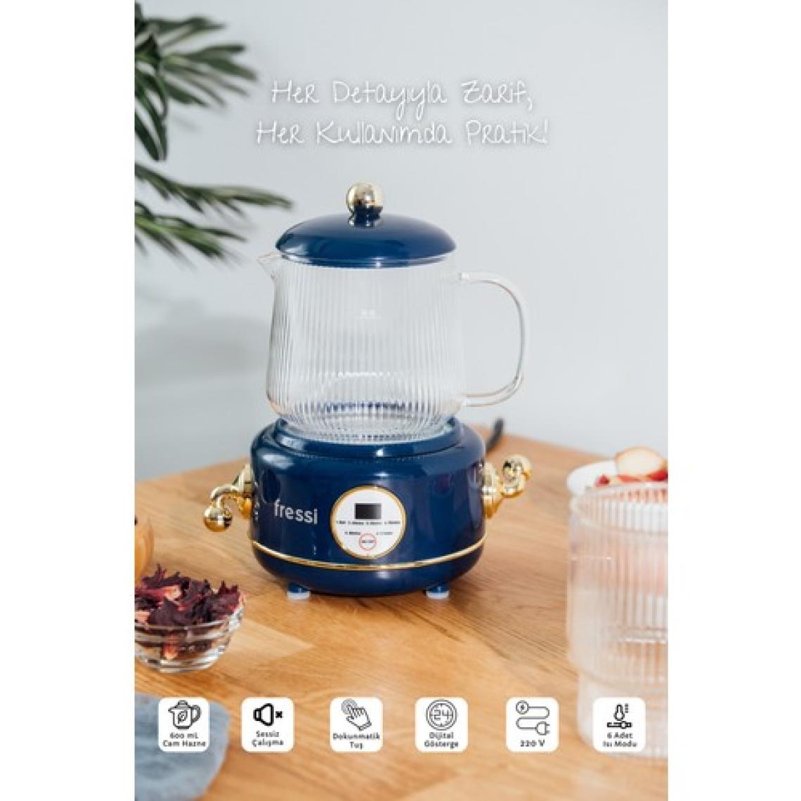 Fressi YSB-GC02 Eiffel Lacivert 600ml Elektrikli Çok Fonksiyonlu Cam Su Isıtıcısı Kettle Bitki Çayı Makinesi