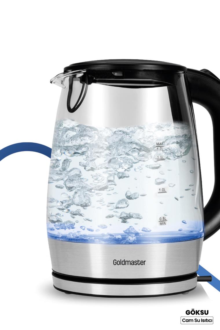 Göksu Paslanmaz Çelik 2200 Watt 1.7 Litre Işıklı Cam Kettle Su Isıtıcı