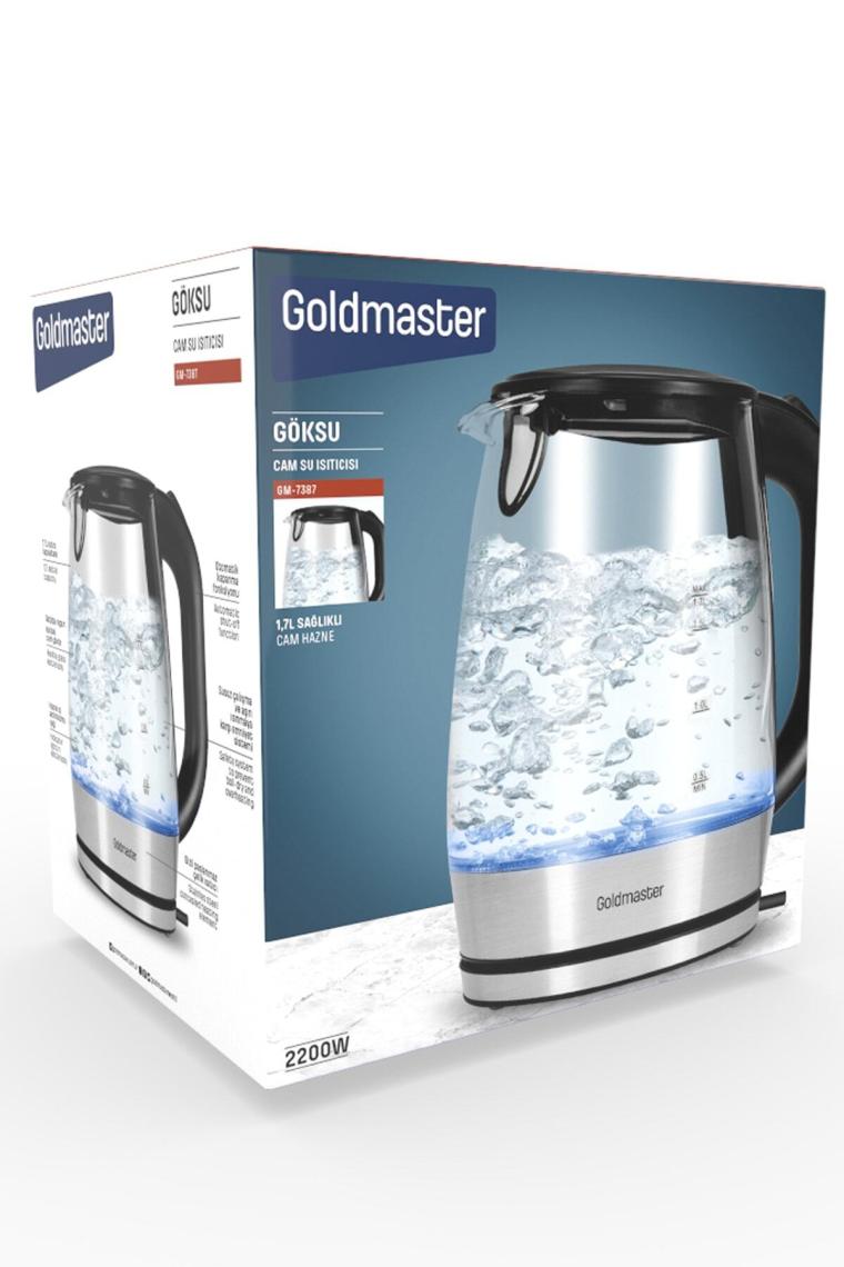 Göksu Paslanmaz Çelik 2200 Watt 1.7 Litre Işıklı Cam Kettle Su Isıtıcı