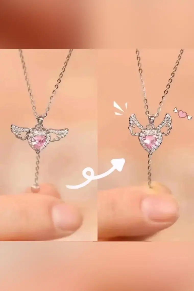The Collection Hareketli Kanat Kalp Çelik Kolye ve Gümüş Zirkon Ayarlanabilir Pandora Yüzük
