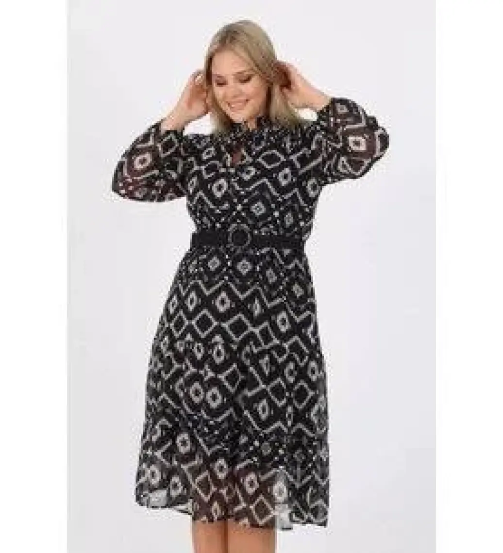 Neşeli Butik Kadın Desenli Midi Boy Büyük Beden Kemerli Şifon Elbise APCX18