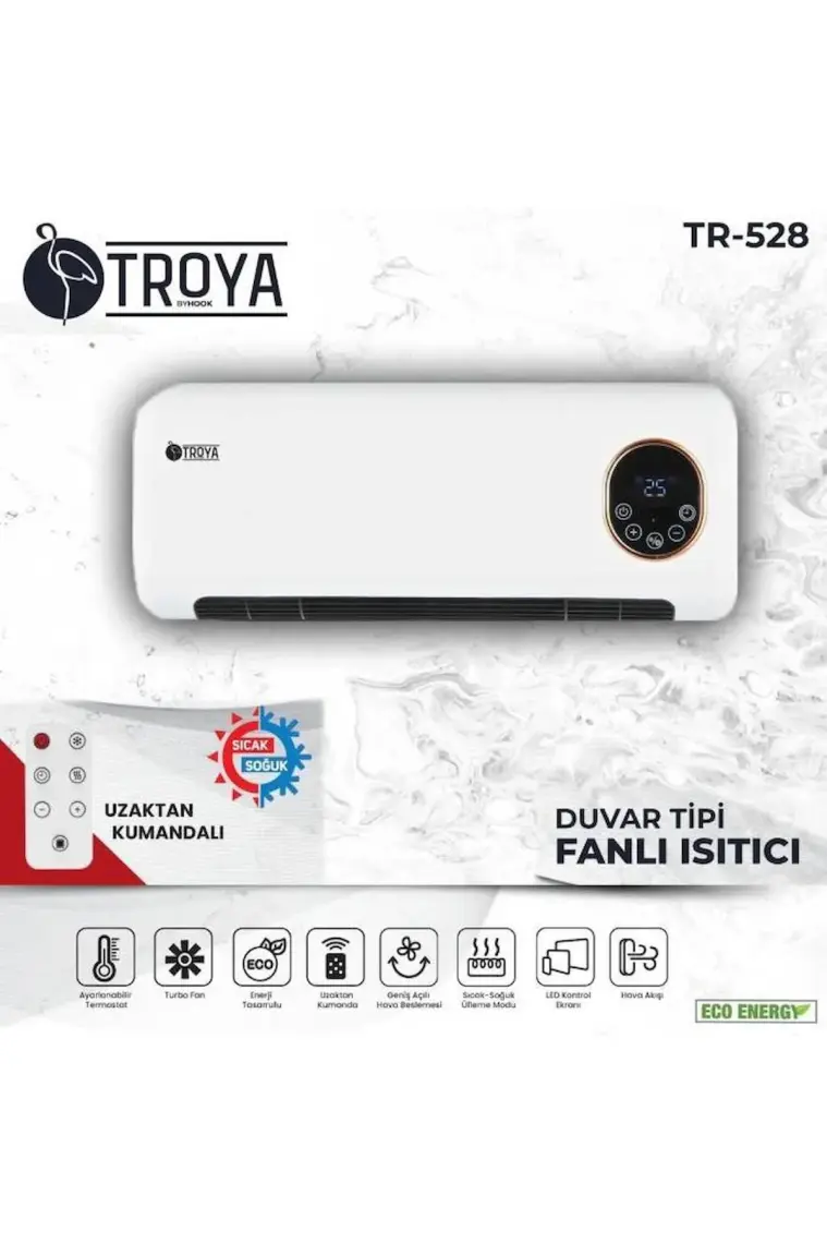 Troya Duvar Tipi Fanlı Isıtıcı Kumandalı 2000 Wat SICAK/SOĞUK-T528