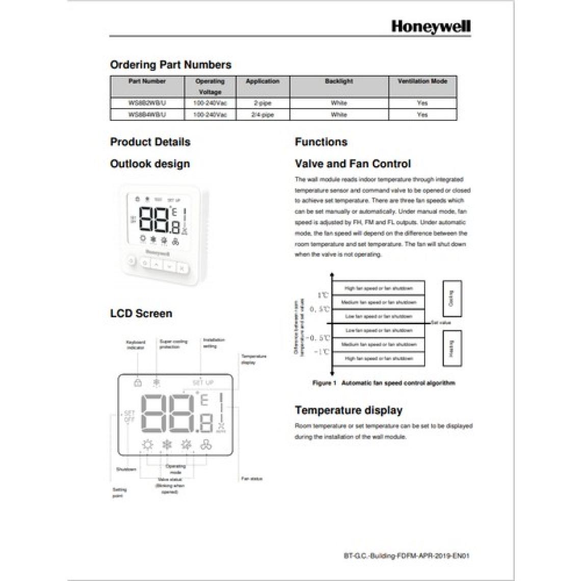 Honeywell WS8B4WB/U 2 Veya 4 Borulu Fan Coil Termostatı, Haberleşmesiz