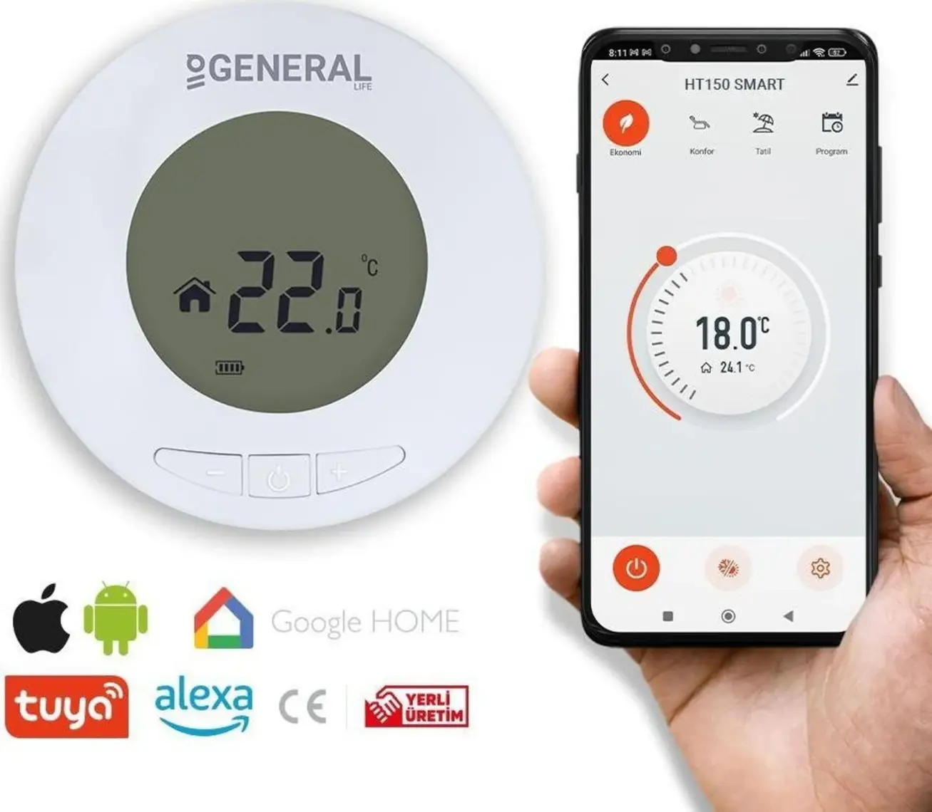 General HT150 Kablosuz Oda Termostatı - Beyaz, LCD Ekranlı ve Enerji Tasarrufu Sağlayan