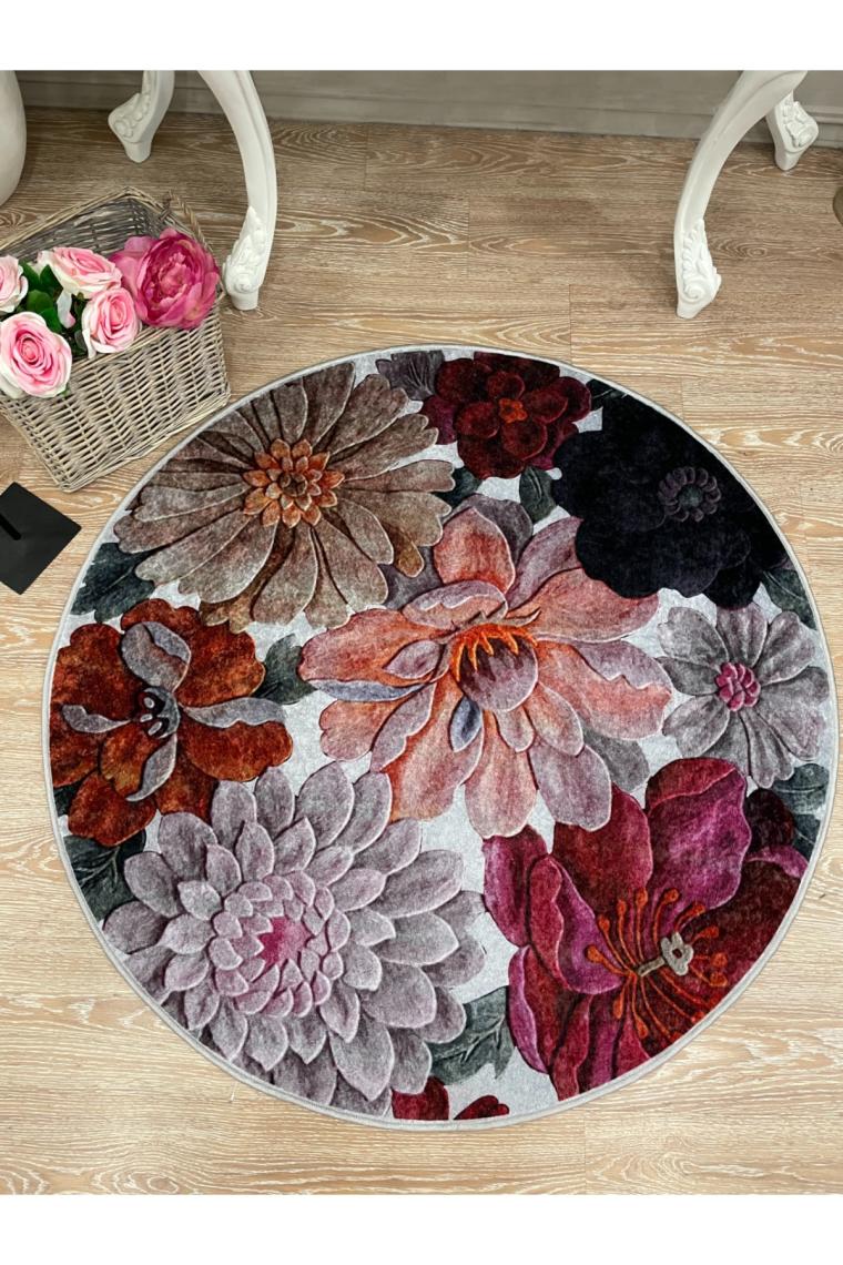 Brillant Çiçek Desenli Dekoratif Yıkanabilir Yuvarlak Halı