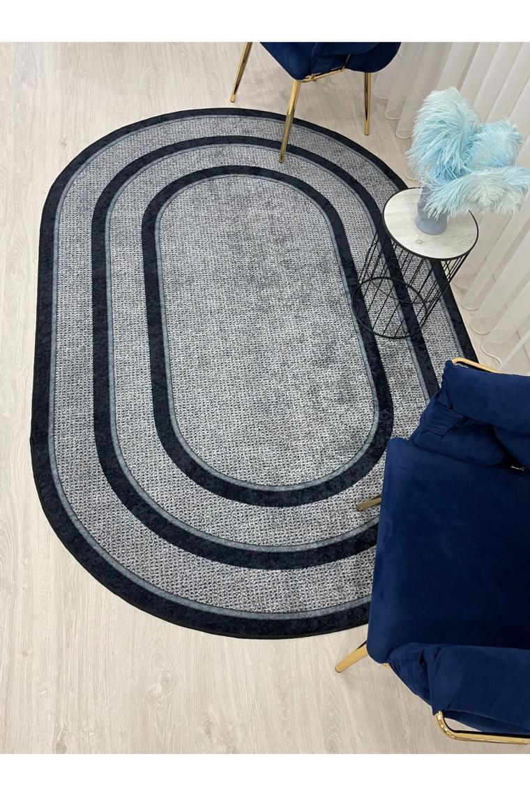 Brillant Gri - Lacivert - Hasır Jüt Sisal Bordürlü Görünümlü Dekoratif Halı