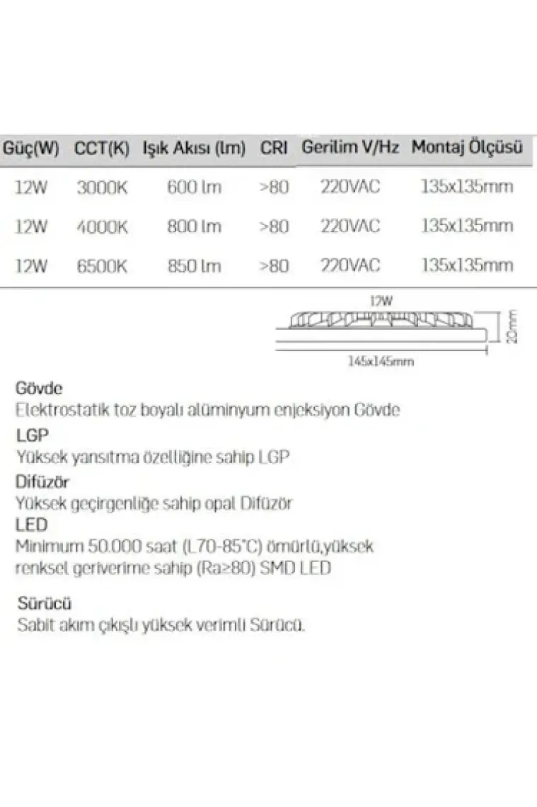 LAMPTIME Sıva Altı Slim Led Downlight 12W Kare Beyaz Gövde 6500K Beyaz Işık
