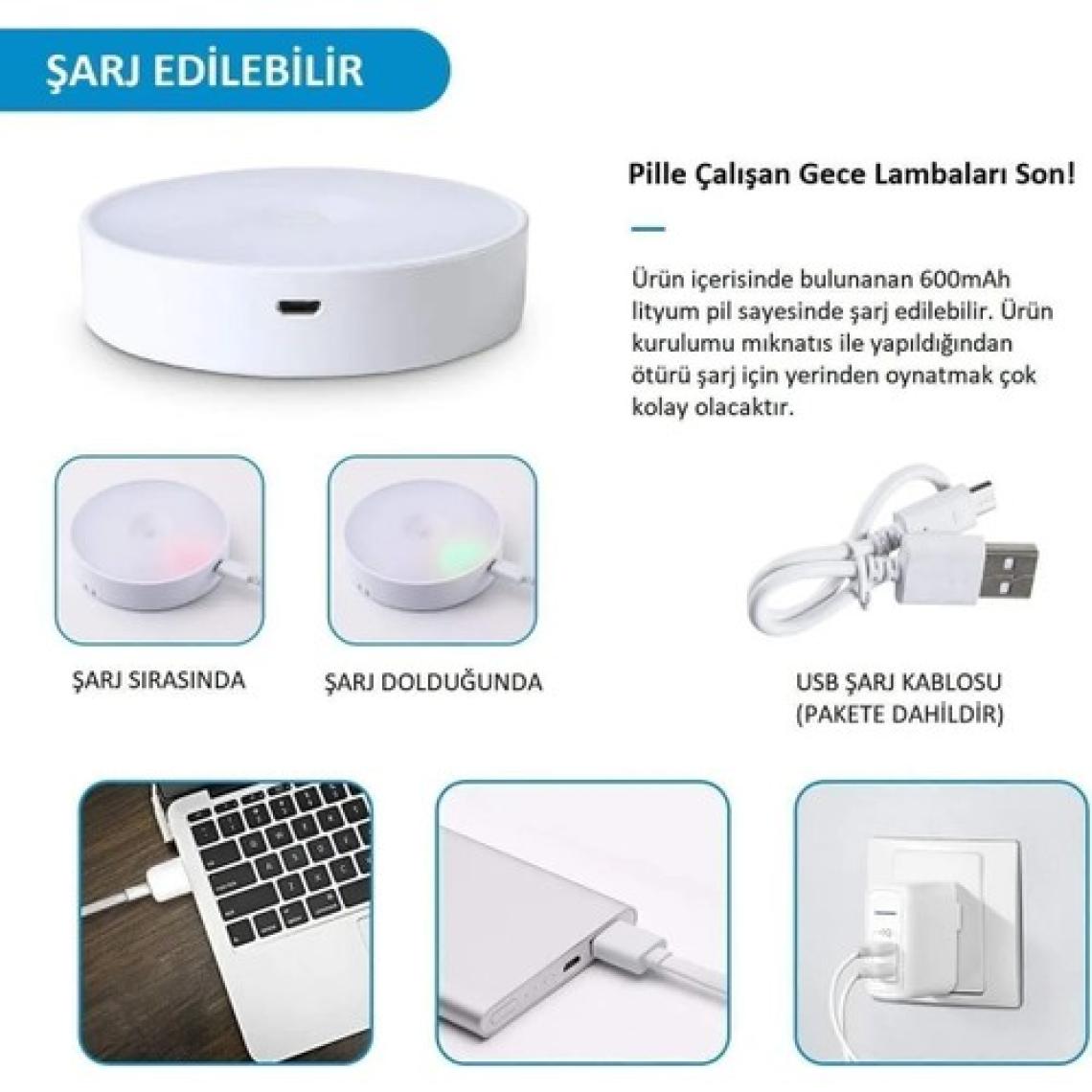 Hubstein 2 Renkli Hareket Sensörlü Usb Şarj Edilebilir Led Işık Dolap Içi Gece Lambası