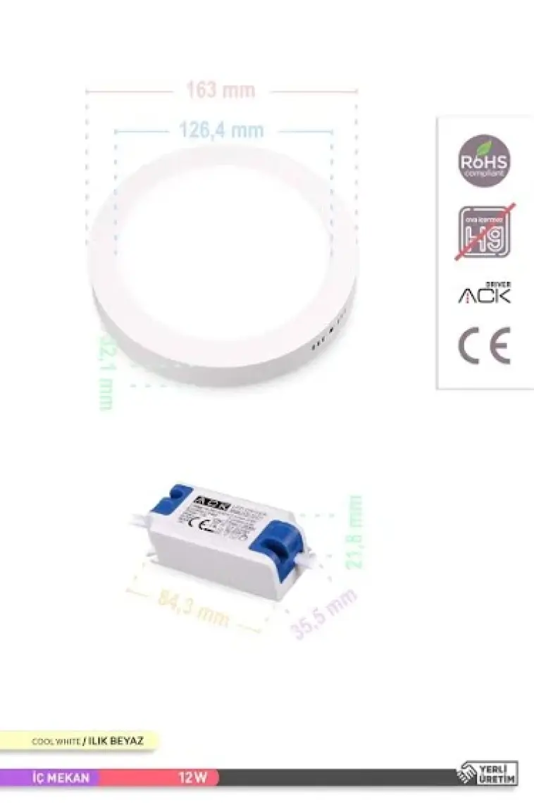 ACK 12W Sıva Üstü Yuvarlak LED Panel Armatür Beyaz Gövde 4000K Ilık Beyaz