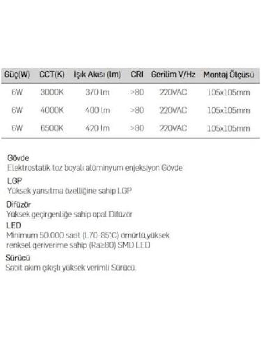 LAMPTIME 6W Panel LED Slim Kare Spot 6500K Beyaz Işık Siyah Gövde 263628