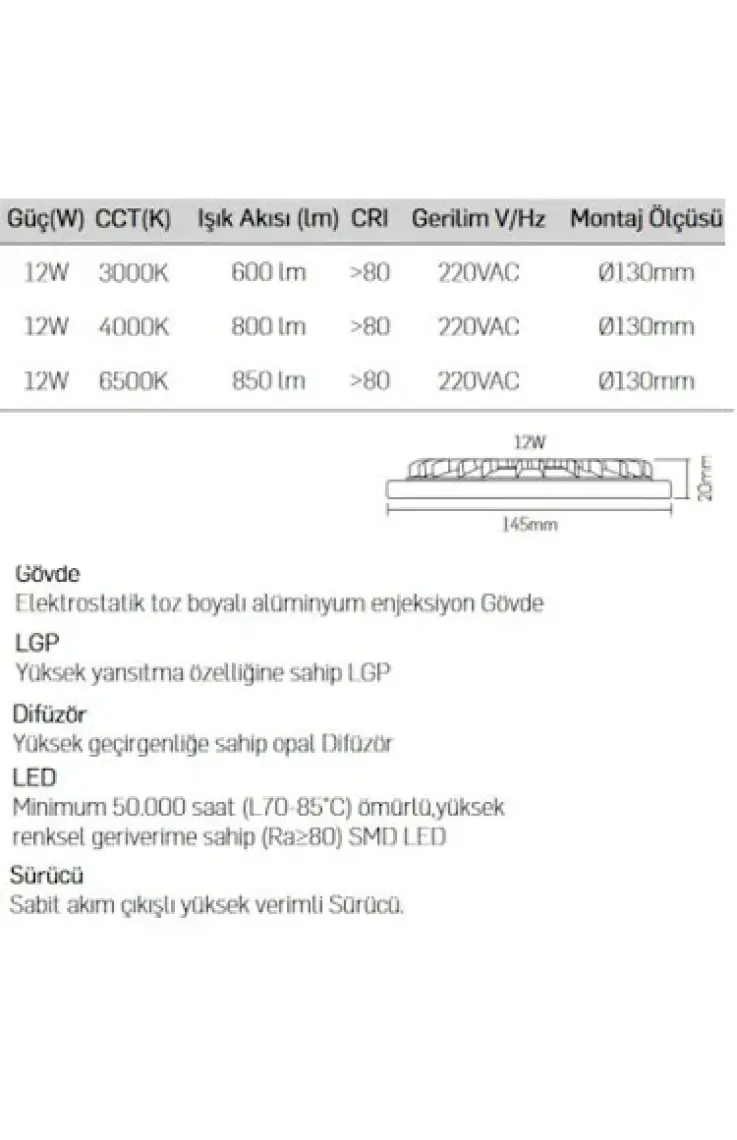 LAMPTIME Armatür  Panel Led Downlıght İnce 12W 4000K Ilık Beyaz 260423 (130-145)