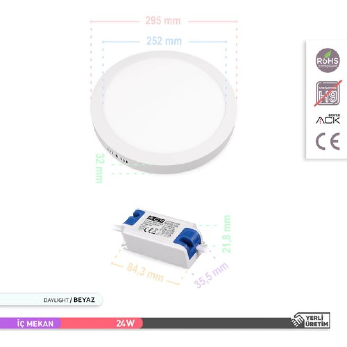 Ack 24 W 6500K Beyaz Sıva Üstü Yuvarlak LED Panel Armatür AP03-02430