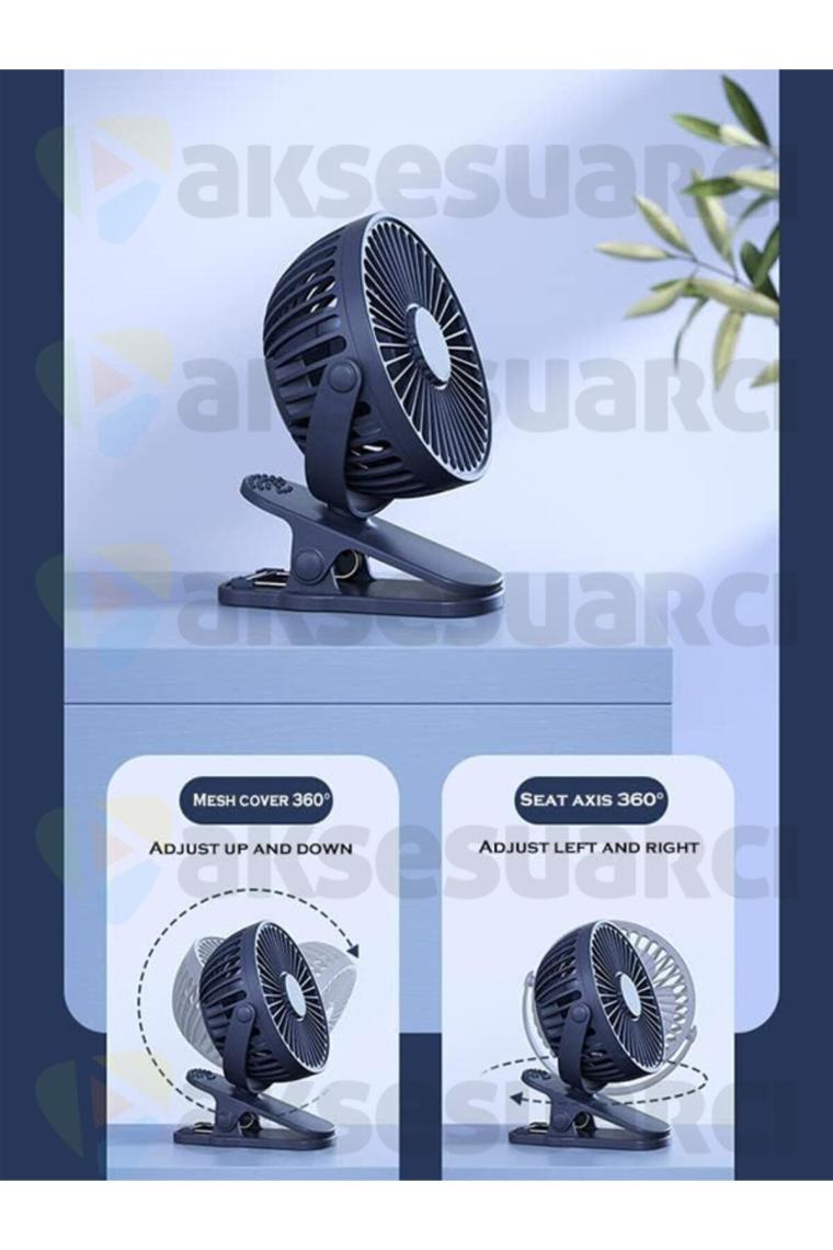 Aksesuarcı Sıkıştırmalı Şarj Edilebilir 3 Kademe Taşınabilir Kıskaçlı Mini Fan Sessiz Vantilatör Soğutma