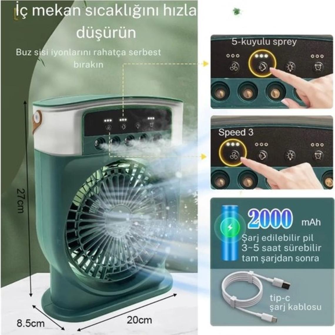 Şarjlı 600 ml Su Hazneli Taşınabilir Masaüstü Vanilatör Güçlü Fan ve 2000 Mah Pil,