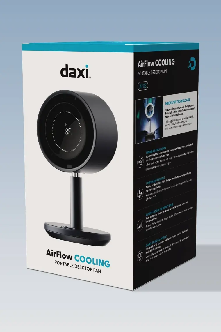 Daxi Airflow AF03 Yeni Nesil Şarjlı Turbo Masa Fanı, Ultra Güçlü Motor, Otomatik Yatay Salınım, Görünmez Fan Bıçakları, 14.5X26.5CM