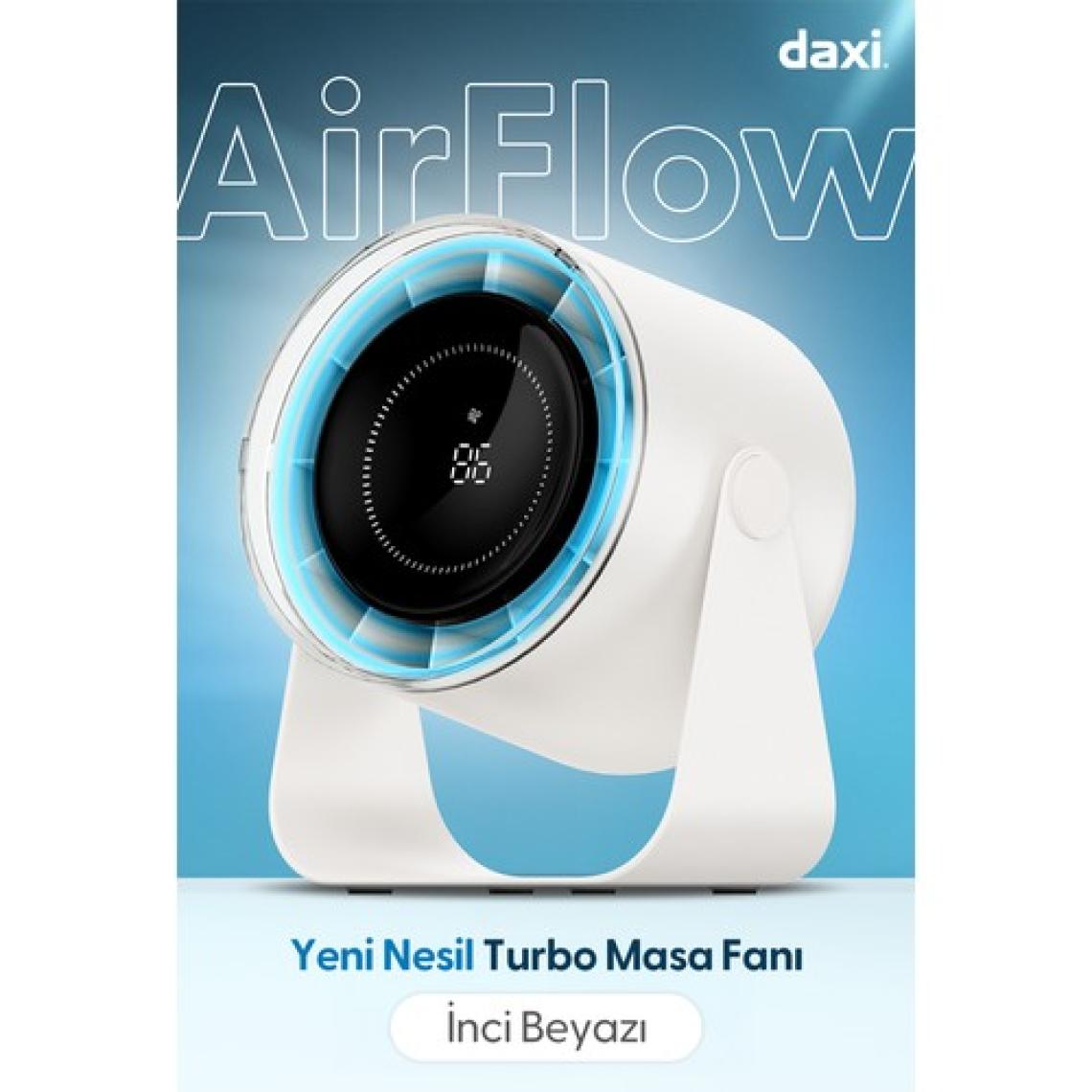 Daxi Airflow AF02 Yeni Nesil Şarjlı Turbo Masa Fanı, Ultra Güçlü Hava Akışı, 100 Kademeli, 16X19CM