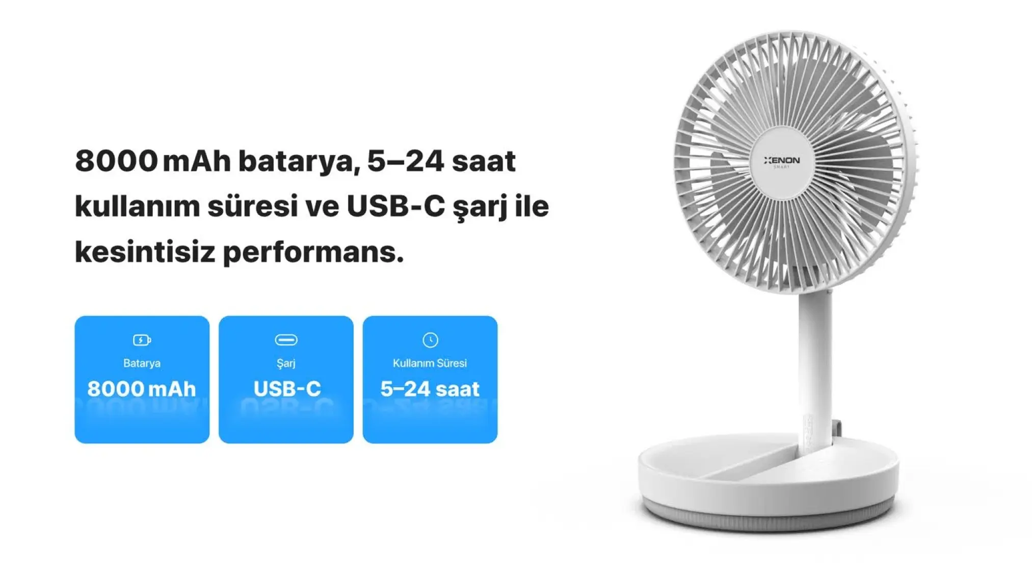 Xenon Smart Katlanabilir Vantilatör Doğal Rüzgar Şarj Edilebilir Bataryalı 4 Hız Kademeli Ultra Sessiz Taşınabilir Ayaklı Fan X6103