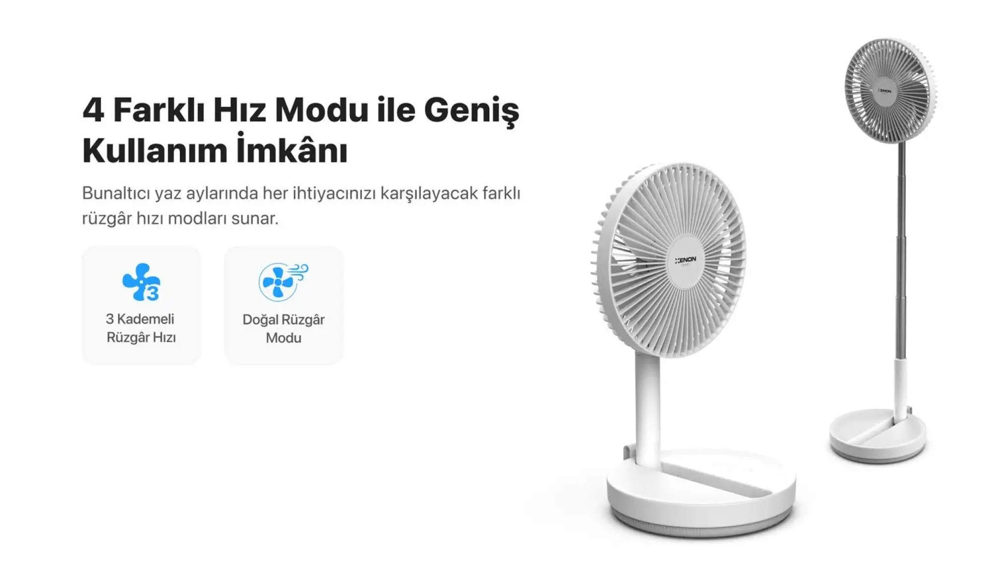 Xenon Smart Katlanabilir Vantilatör Doğal Rüzgar Şarj Edilebilir Bataryalı 4 Hız Kademeli Ultra Sessiz Taşınabilir Ayaklı Fan X6103