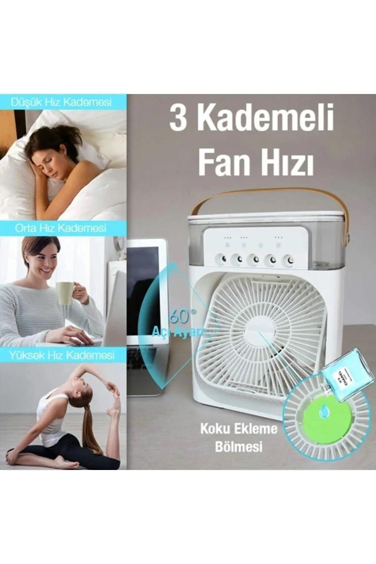 Enshall Yeni Işıklı 600ML 5 Spreyli Vantilatör Buzlu Buharlı Mini Klima Mini Fan