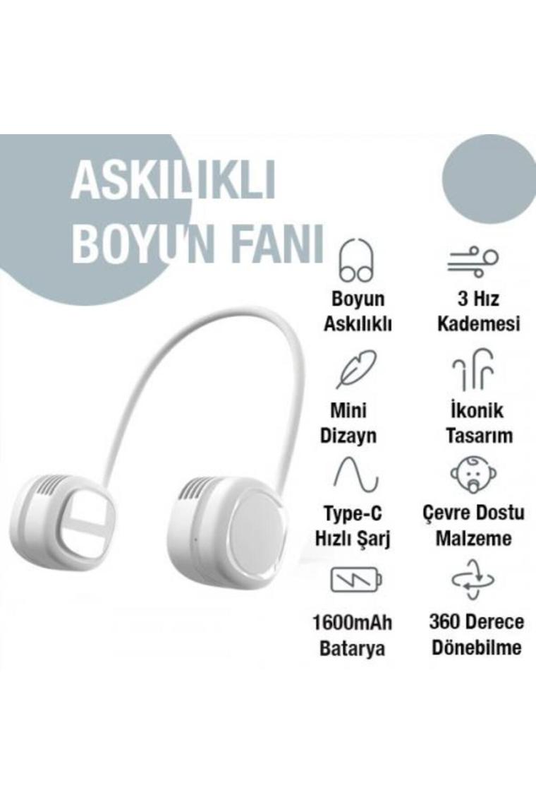 Coofbe 1600MAH Kulaklık Tasarımlı Askılıklı Taşınabilir 3 Kademeli Şarjlı Boyun Fanı Boyun Vantilatör Soğutucu
