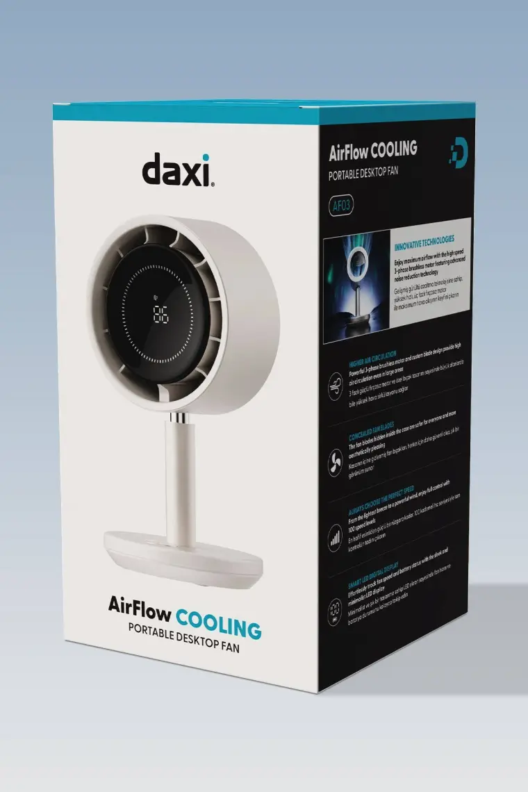 Daxi Airflow AF03 Yeni Nesil Şarjlı Turbo Masa Fanı, Ultra Güçlü Motor, Otomatik Yatay Salınım, Görünmez Fan Bıçakları, 14.5X26.5CM